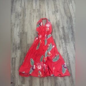 Tropical Floral Red Maxi Dress halter top
